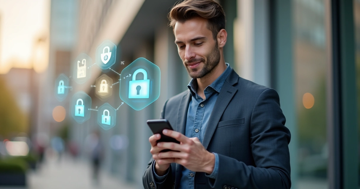 Homem elegante em ambiente urbano com smartphone, focado em segurança digital e privacidade 