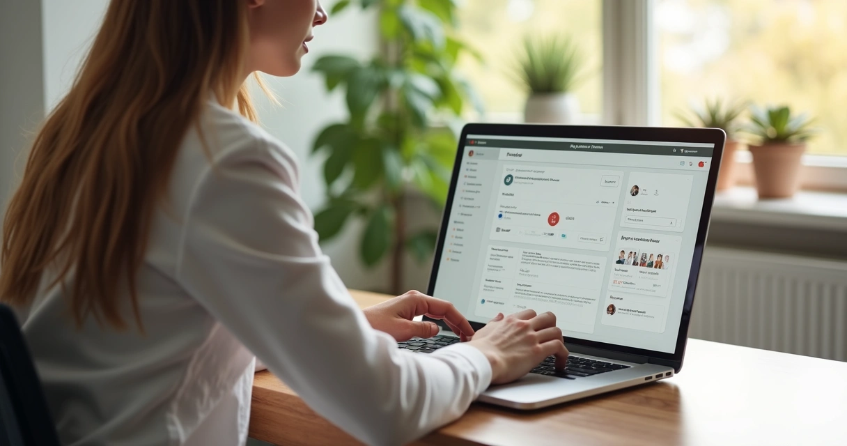 Profissional do bem-estar usando plataforma digital em laptop com interface moderna e segura 