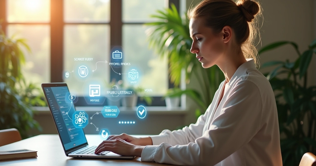 Profissional de bem-estar usando laptop moderno em ambiente acolhedor e iluminado, com elementos digitais flutuantes representando conexão e autonomia 