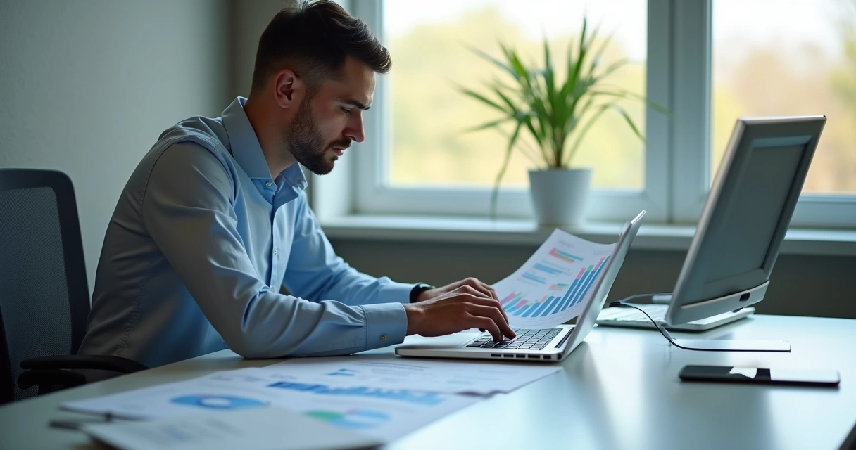 Profissional analisando gráficos financeiros em laptop moderno com papéis sobre gestão financeira em ambiente de escritório corporativo 