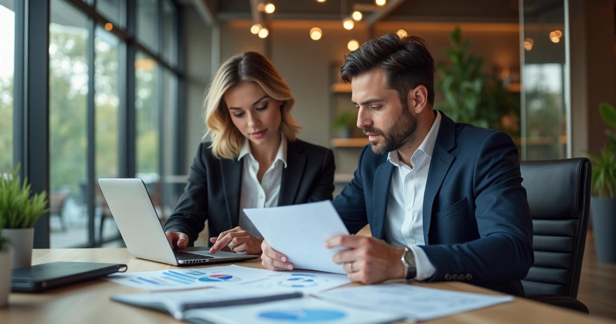Profissional de BPO financeiro usando notebook em mesa de escritório 