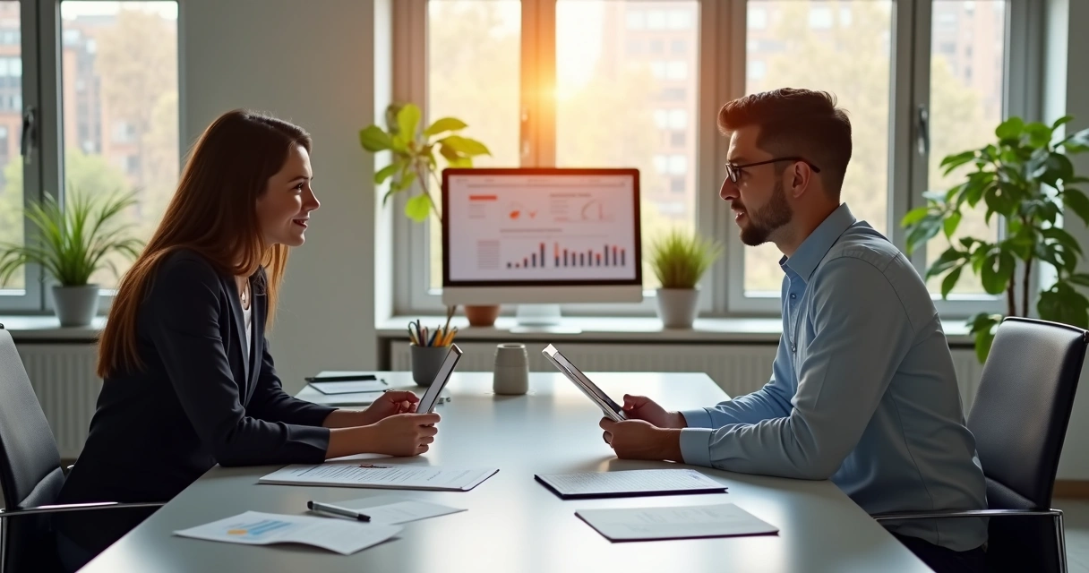 Profissional de BPO Financeiro negociando com cliente inadimplente em ambiente de escritório moderno 