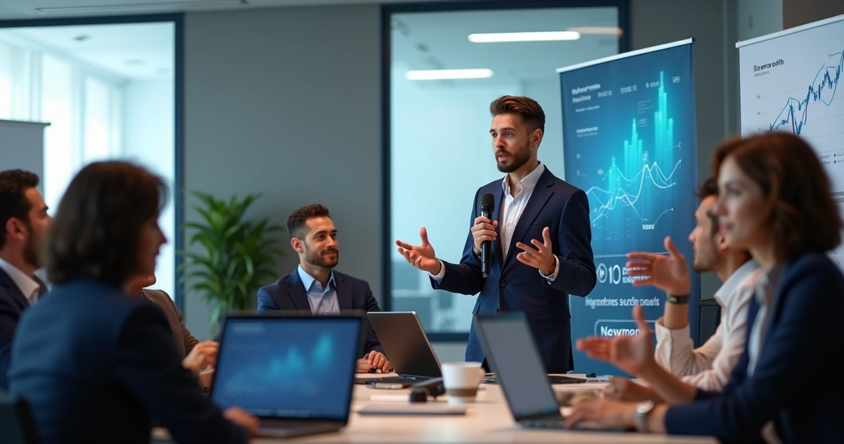 Profissional de BPO Financeiro apresentando-se em evento de networking com público atento em ambiente corporativo moderno 