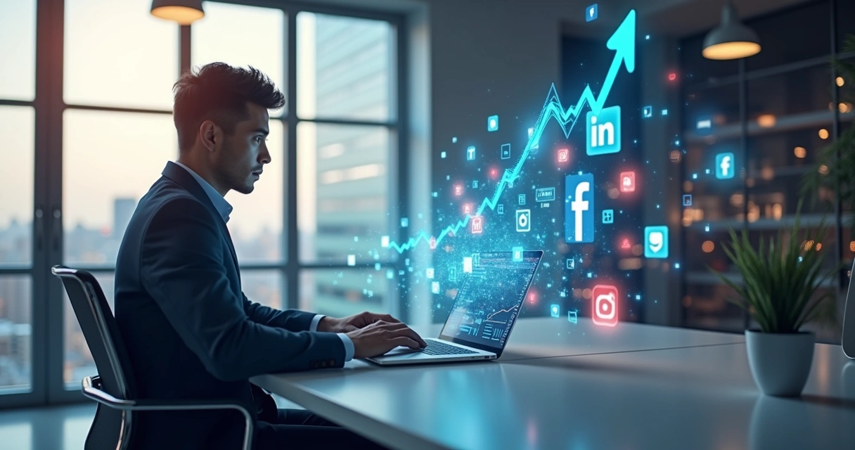 Profissional de BPO financeiro usando laptop em ambiente moderno com gráficos e redes sociais em hologramas ao redor 