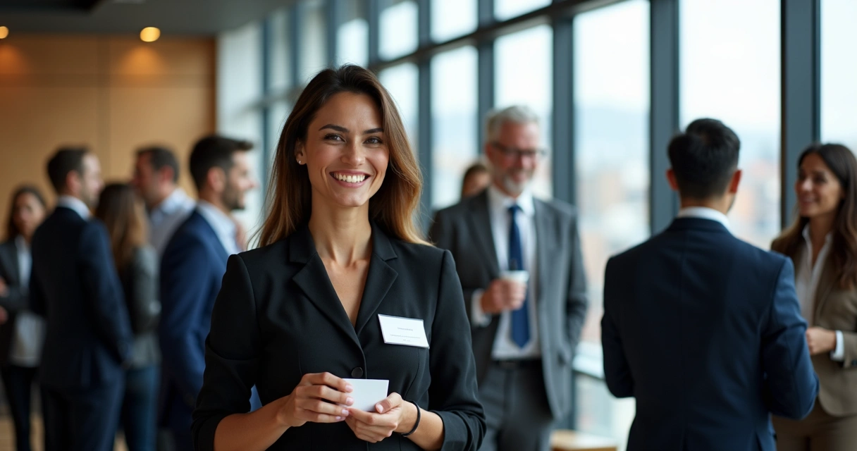 Profissional brasileira sorrindo em evento de networking nos EUA 
