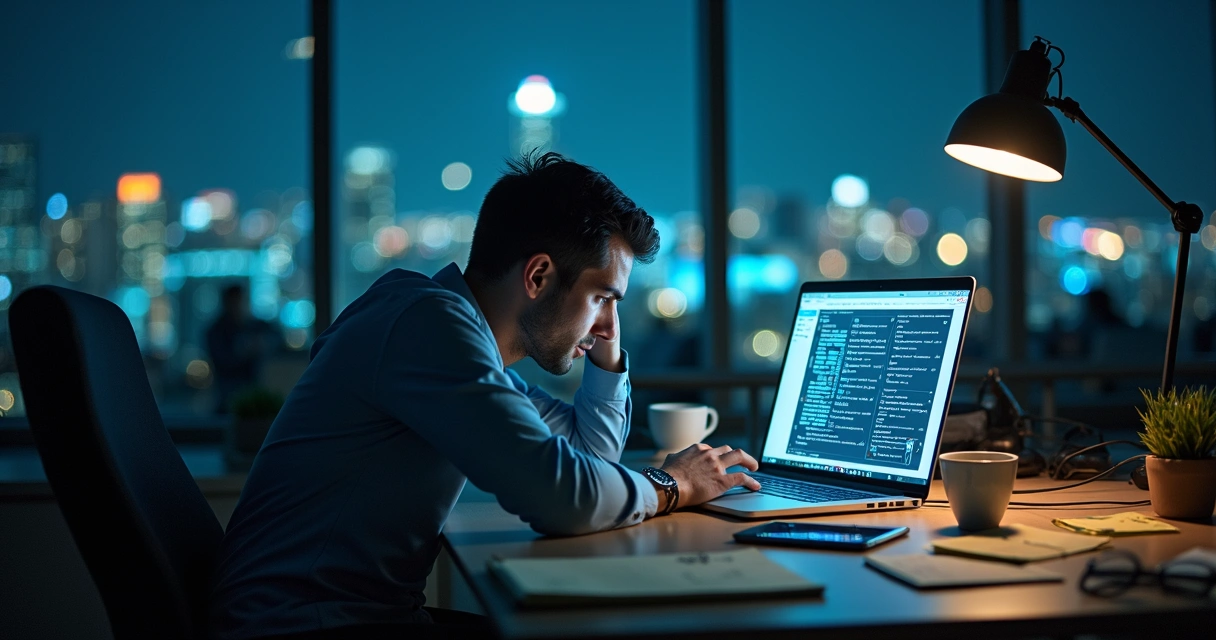 Profissional exausto em escritório à noite olhando tela com múltiplas tarefas 