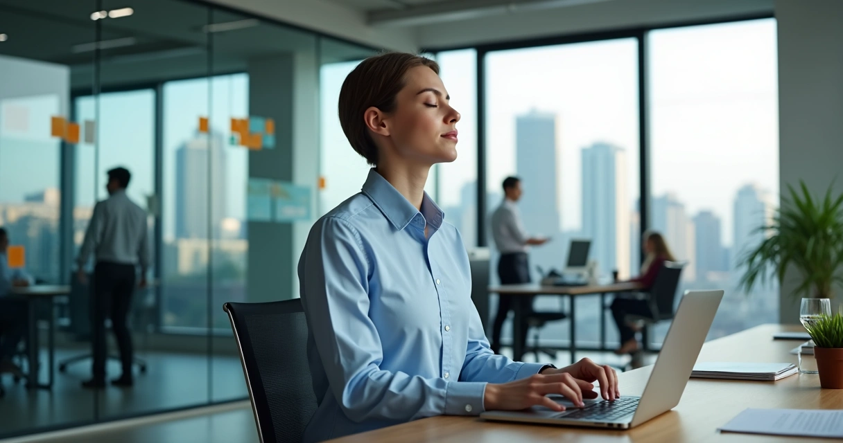 Profissional sentado calmo em escritório competitivo e movimentado 