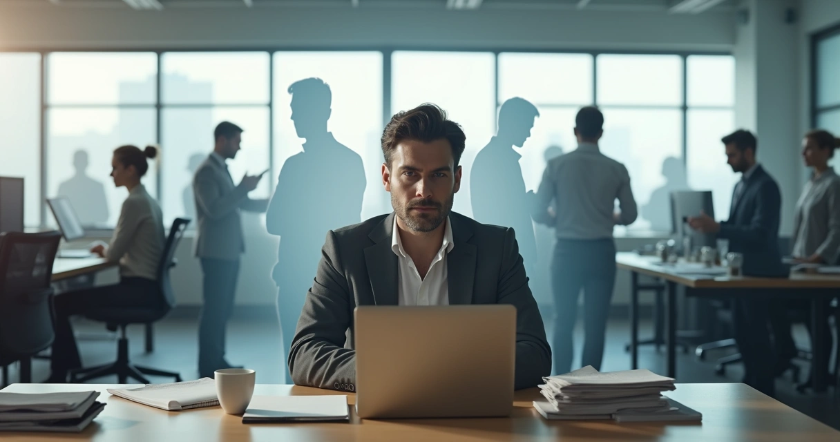 Profissional em escritório cercado por colegas enquanto carrega pesos invisíveis nos ombros 