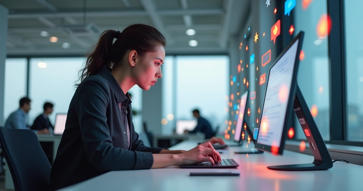 Profissional em escritório cercado por ícones de curtidas flutuando na tela do computador 