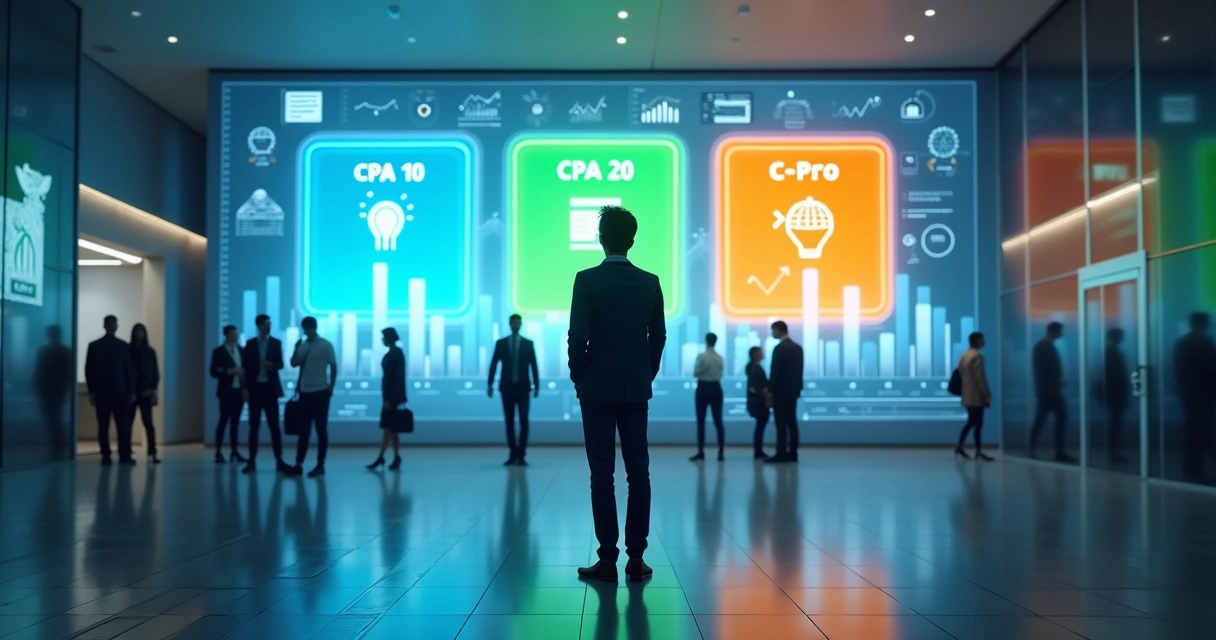 Profissional diante de grande painel digital com certificações financeiras destacadas 