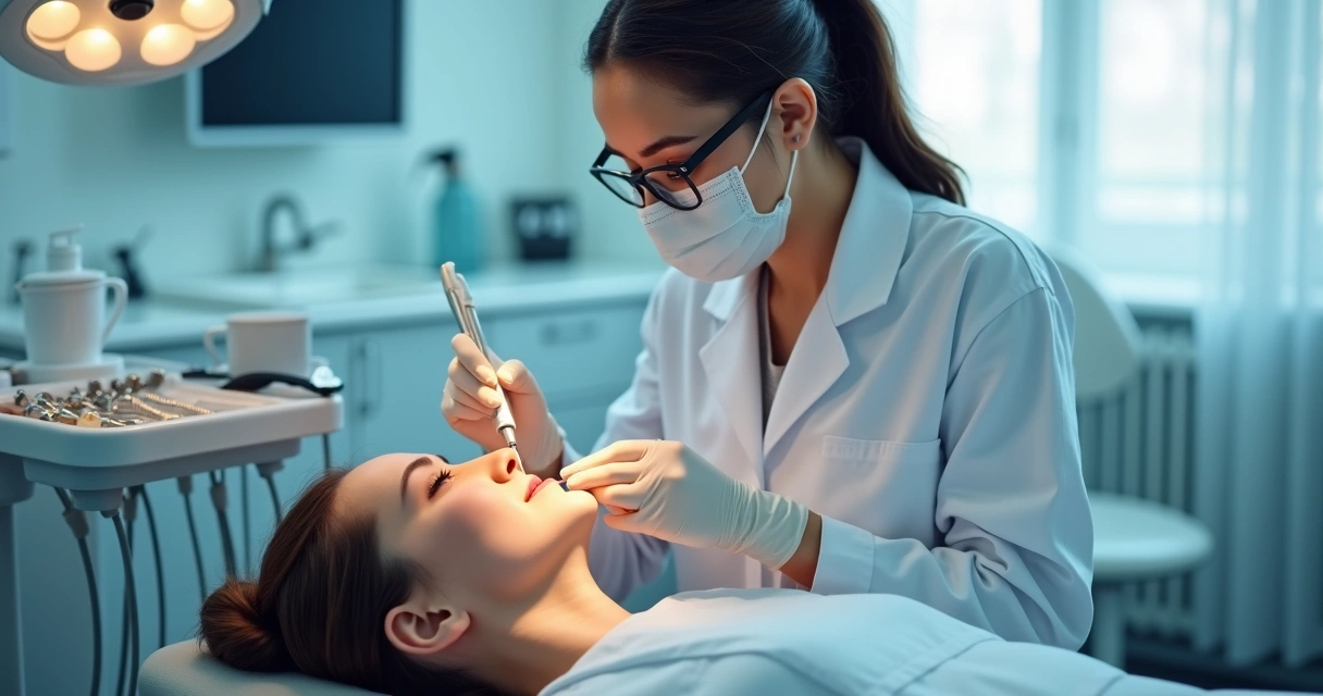 Cirurgião-dentista realizando procedimento facial em ambiente ambulatorial 