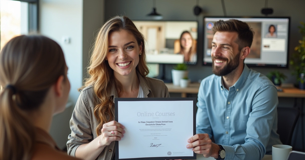 Profissional sorrindo com certificado de curso online 