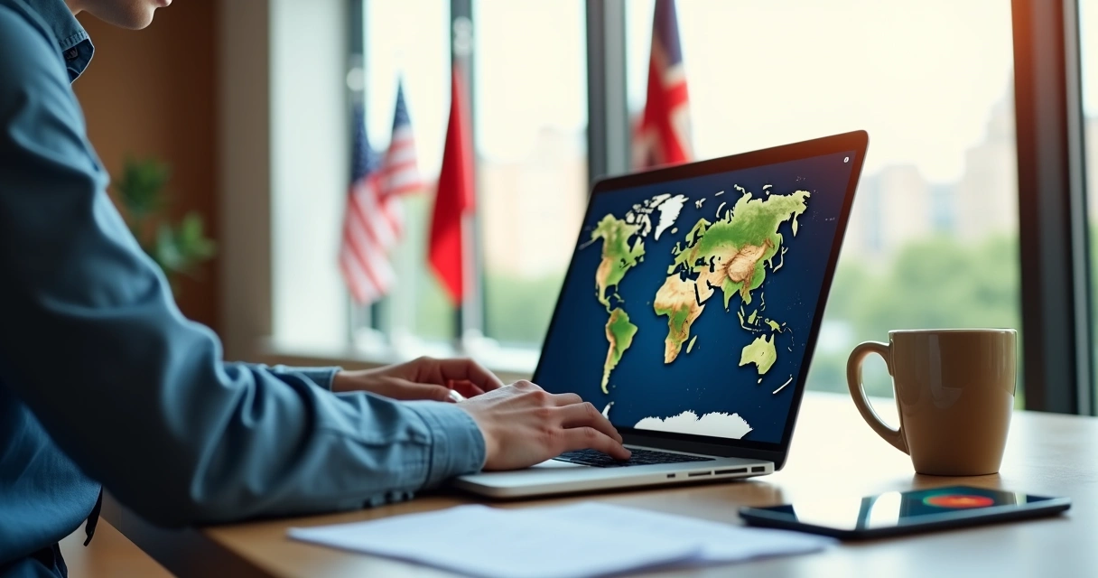 Pessoa trabalhando em frente ao computador com mapas mundiais na tela. 