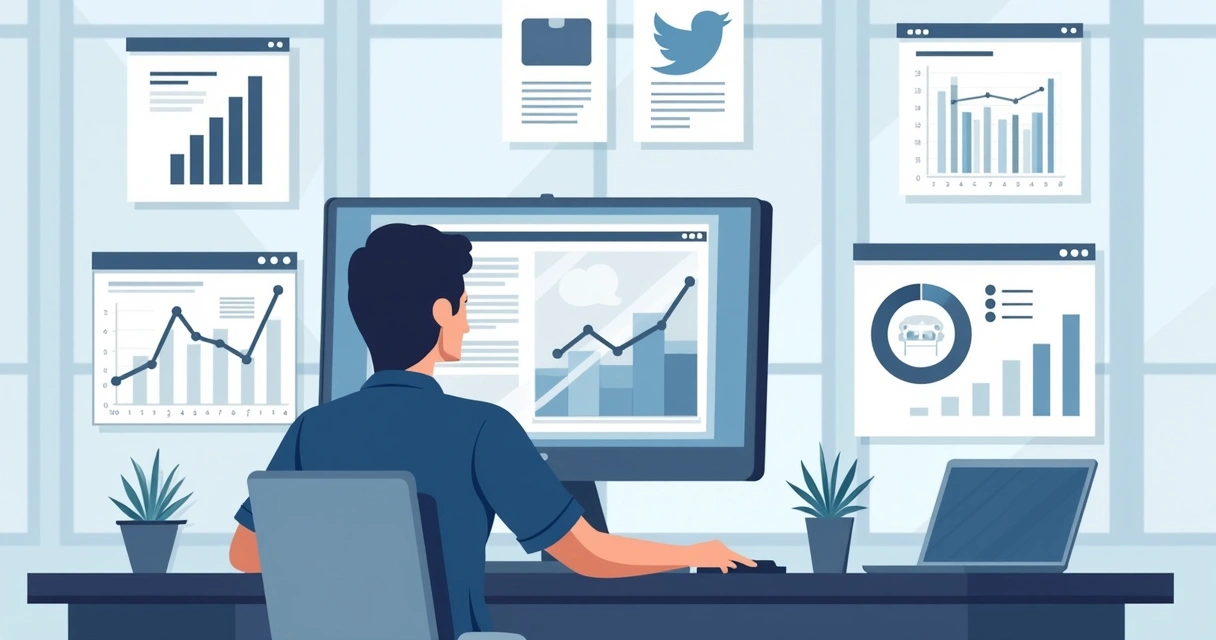 Profissional em computador analisando estratégia digital