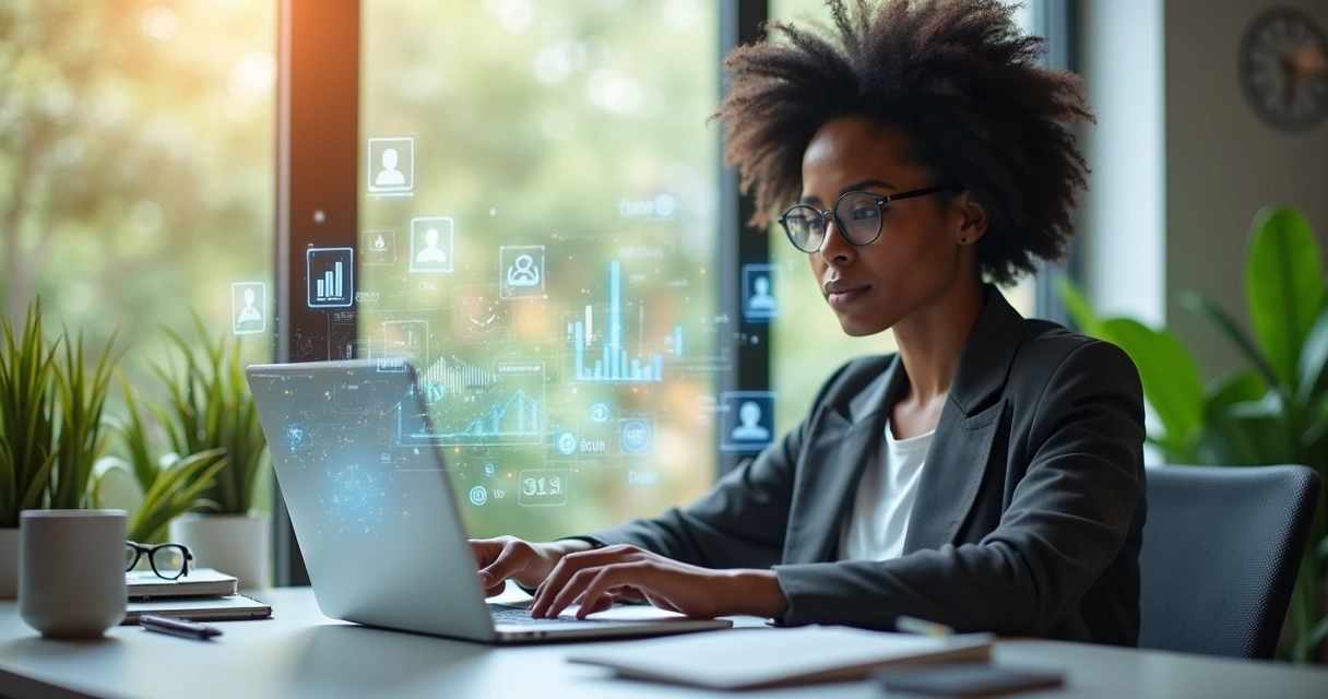 Profissional trabalhando em laptop com elementos digitais de marca pessoal ao redor 