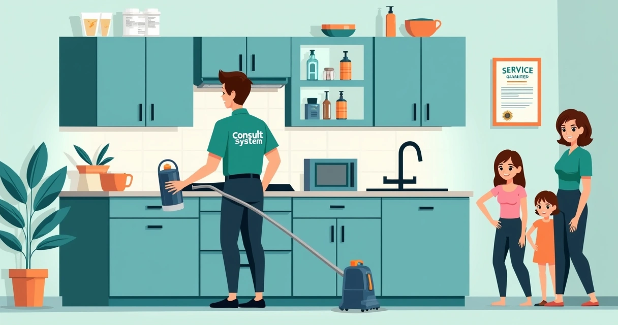 Técnico uniformizado da Consult System dedetizando uma cozinha 