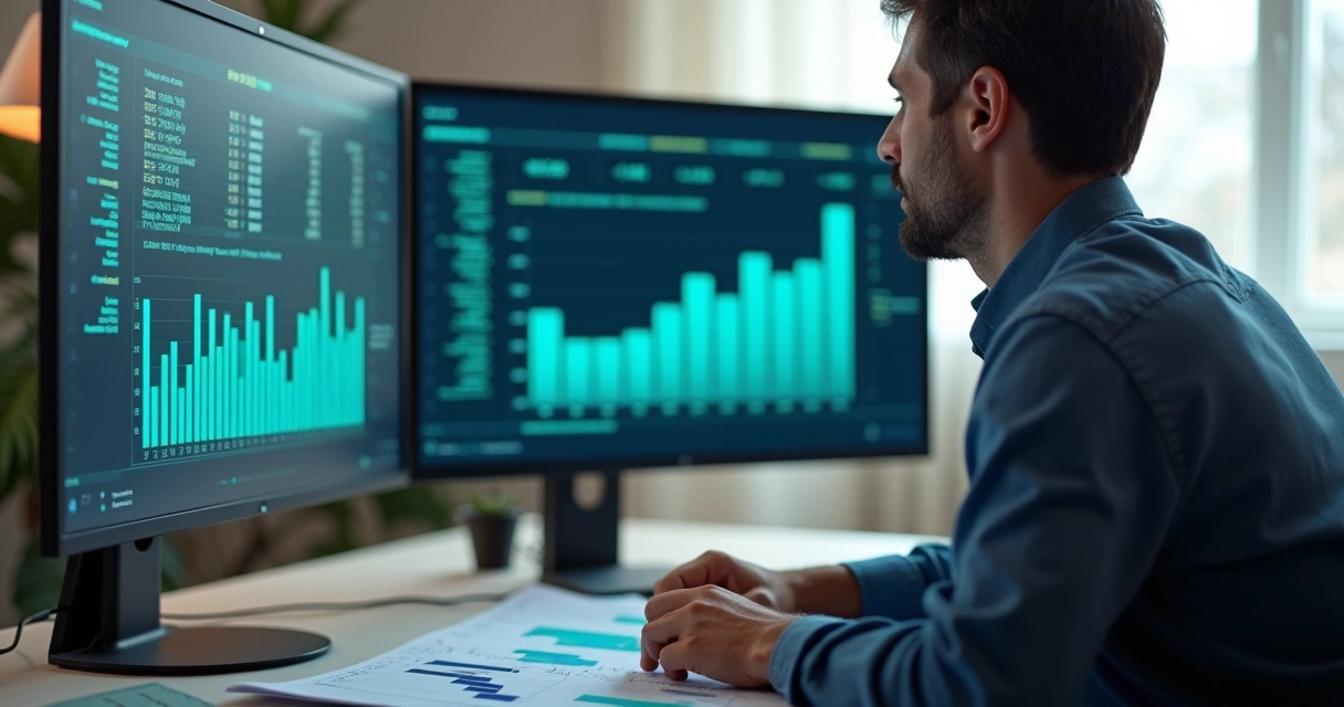 Profissional da contabilidade analisando documentos digitais em monitor 