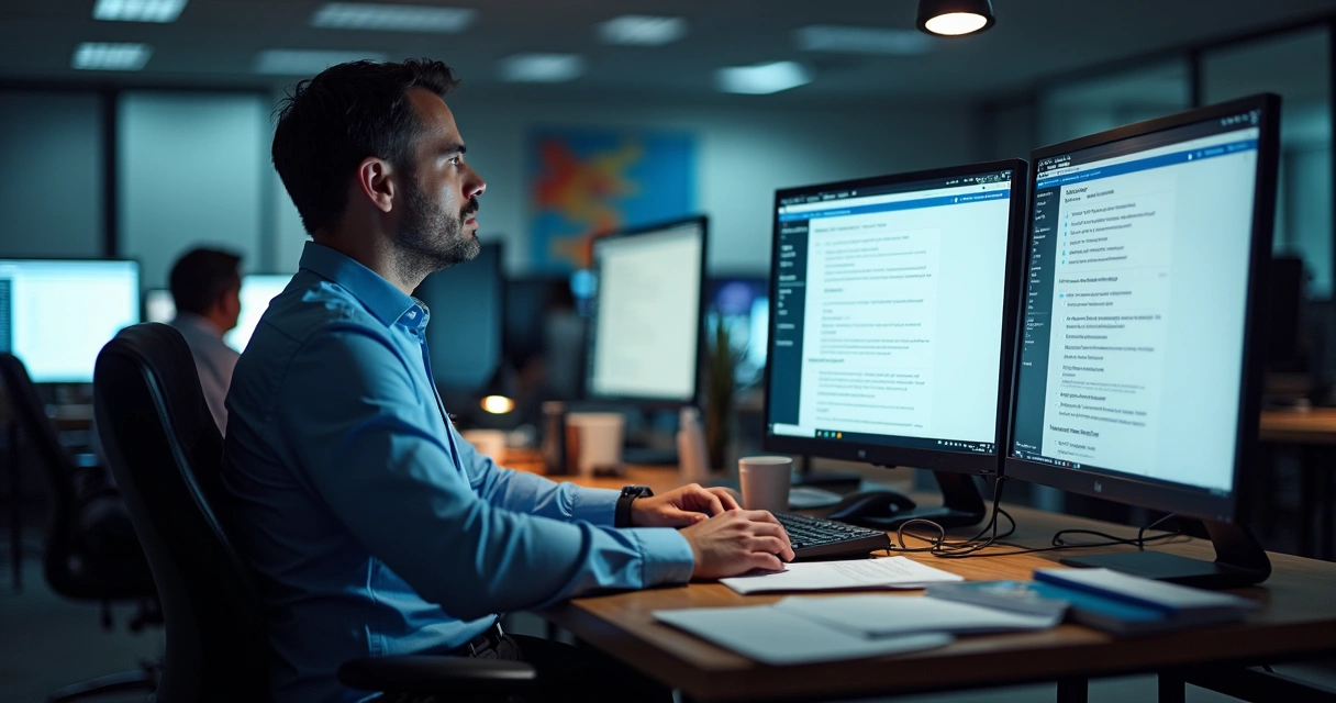 Profissional contábil pesquisando em dois monitores com sites oficiais abertos 