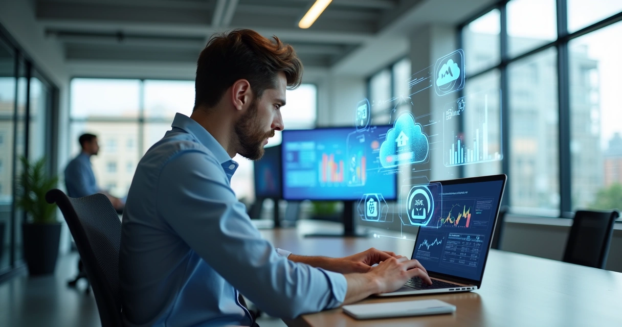 Profissional contábil trabalhando com tecnologia em nuvem em escritório moderno e iluminado 