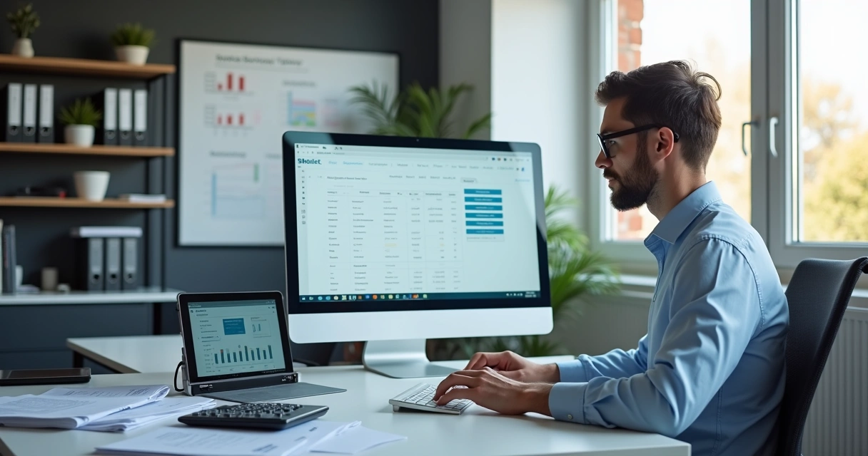 Profissional contábil trabalhando em computador com tela exibindo sistema e-social e gráficos financeiros 