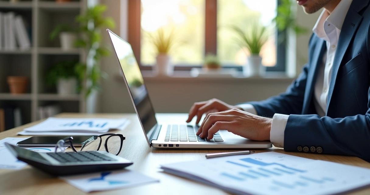 Profissional de contabilidade em escritório moderno analisando documentos financeiros com computador e gráficos 