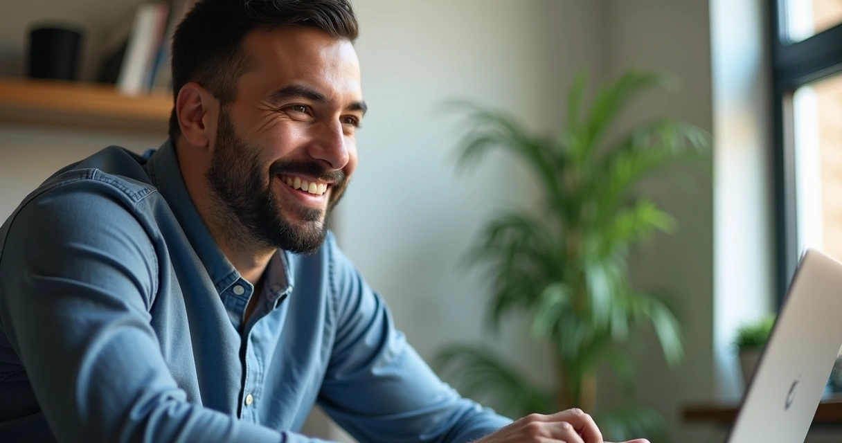 Homem sorrindo conversando por videochamada pelo LinkedIn