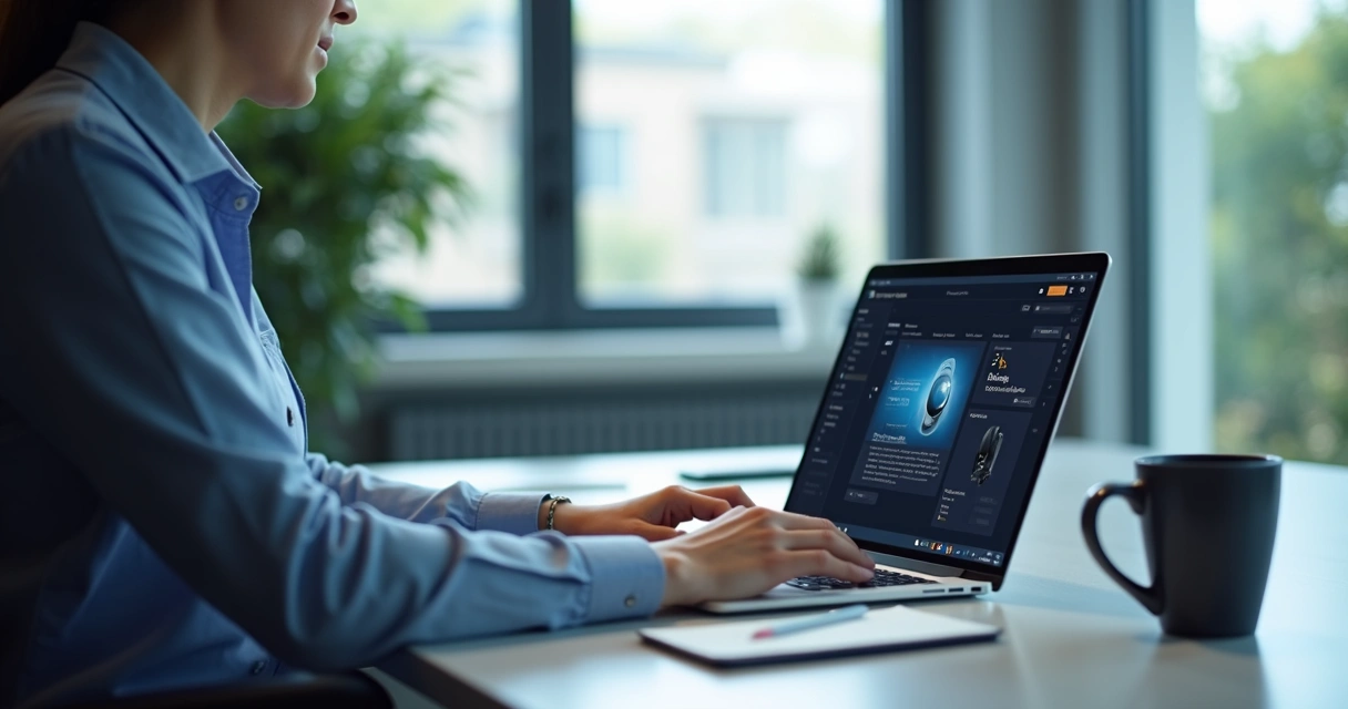 Profissional usando assistente de IA em notebook no escritório 