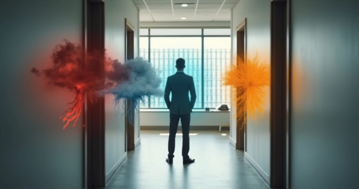 Profissional em corredor de escritório olhando para portas com símbolos de emoções 