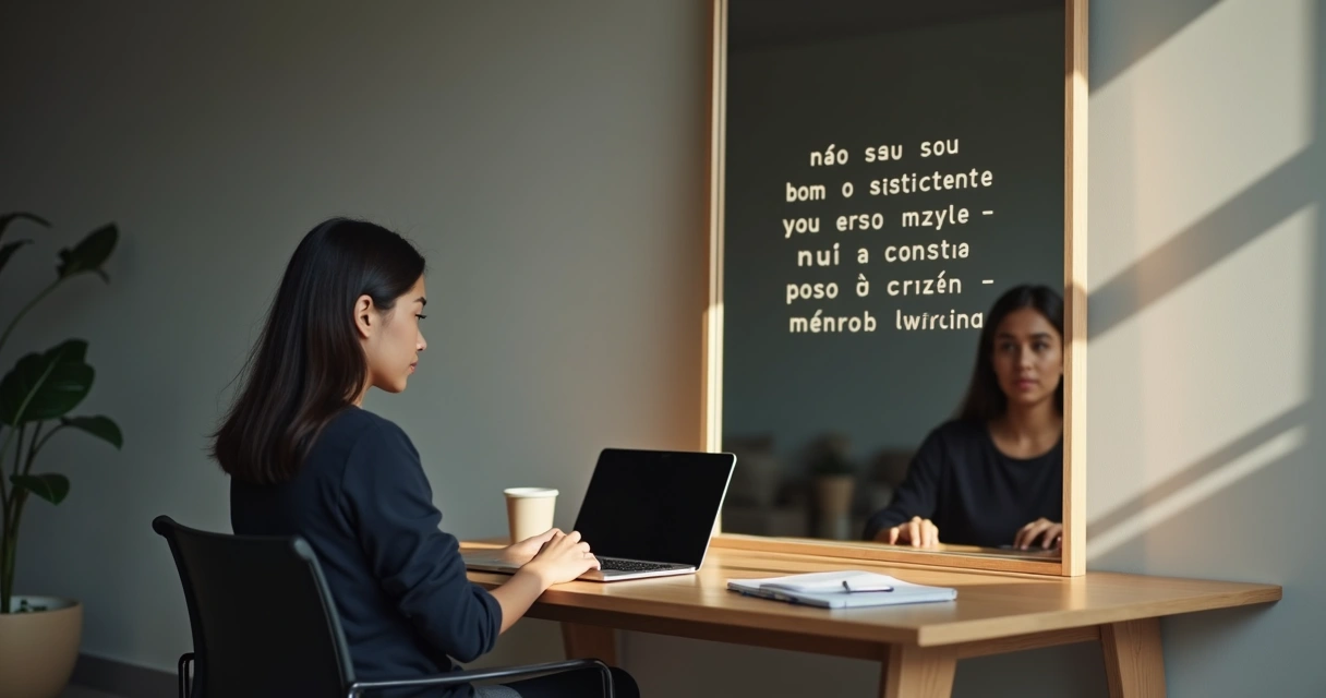 Profissional observando seu reflexo mesclado a palavras de crenças limitantes e potenciadoras 