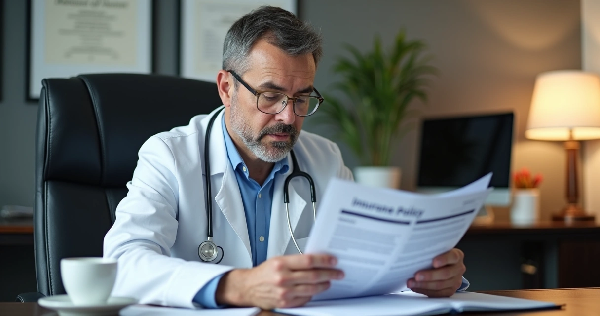 Profissional da saúde analisando apólice de seguro no consultório 