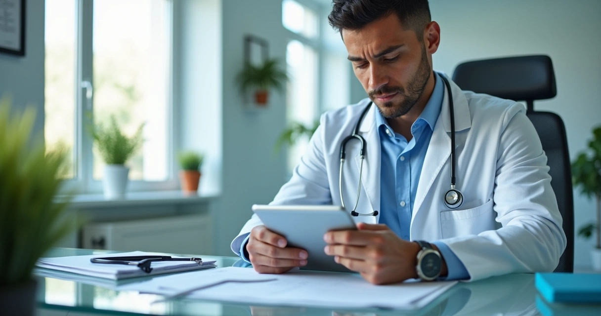 Médico digitando informações do paciente em tablet. 