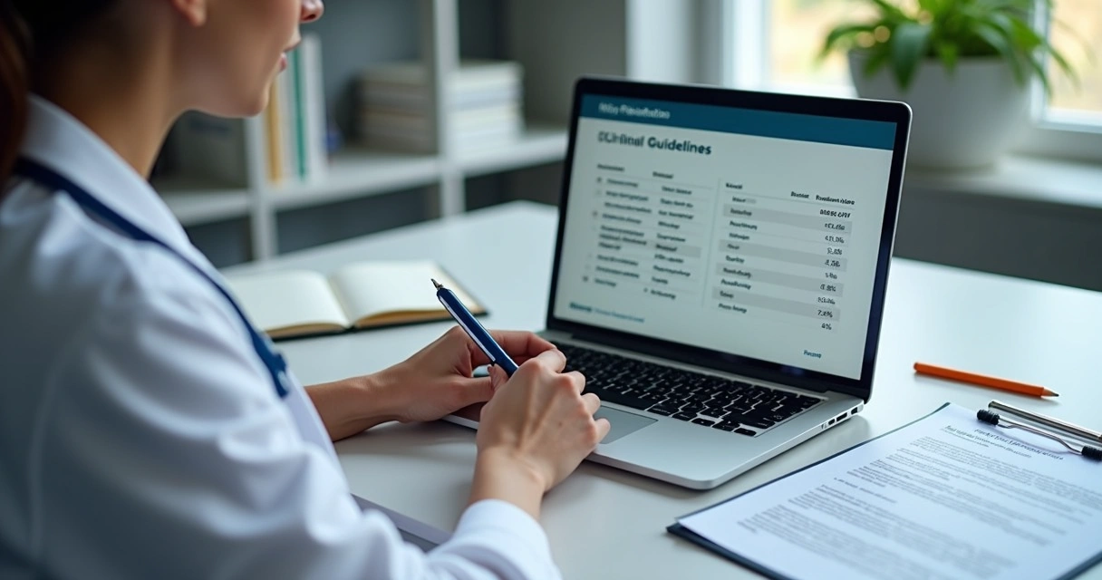 Profissional de saúde analisando diretrizes clínicas em laptop com anotações e gráficos ao redor 