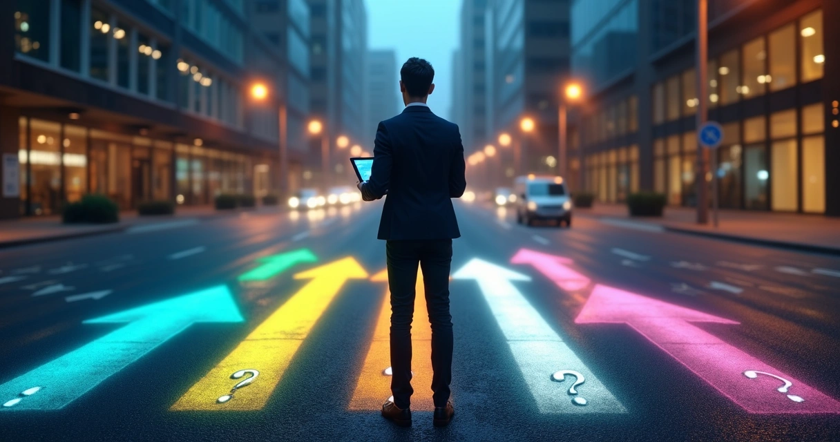 Profissional em cruzamento de caminhos analisando setas iluminadas em paisagem urbana noturna 