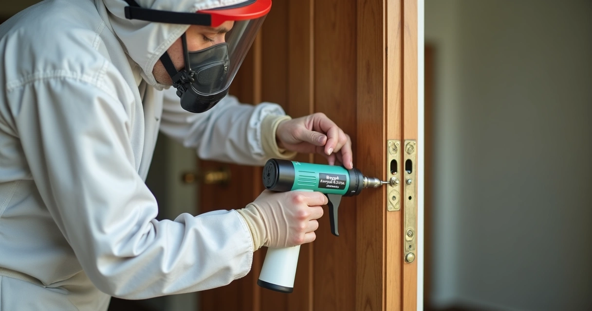 Técnico aplicando dedetização em madeira 