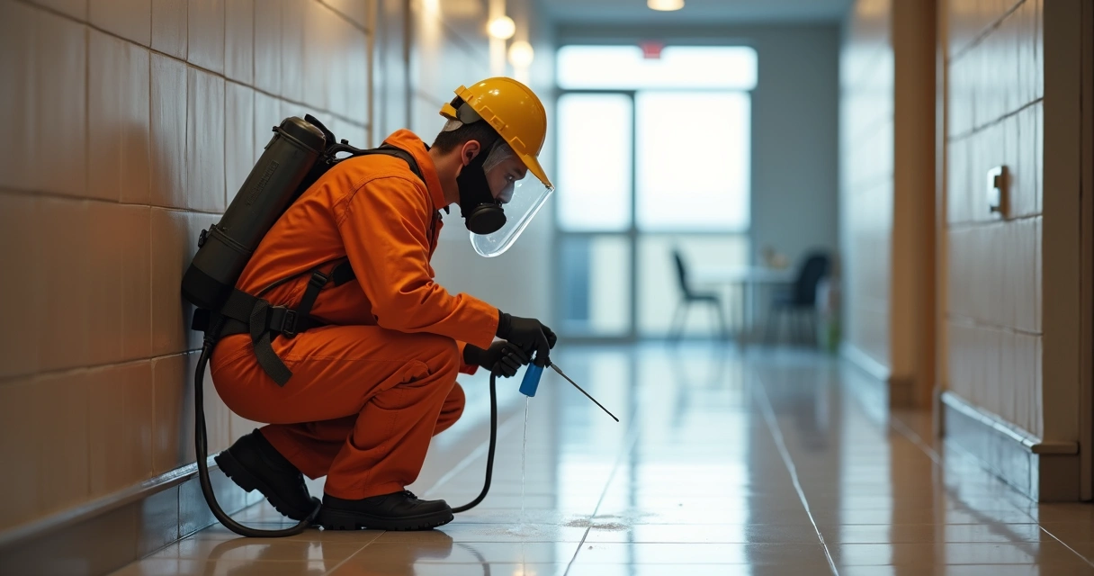 Técnico de dedetização com uniforme aplicando produto em área comum de condomínio 