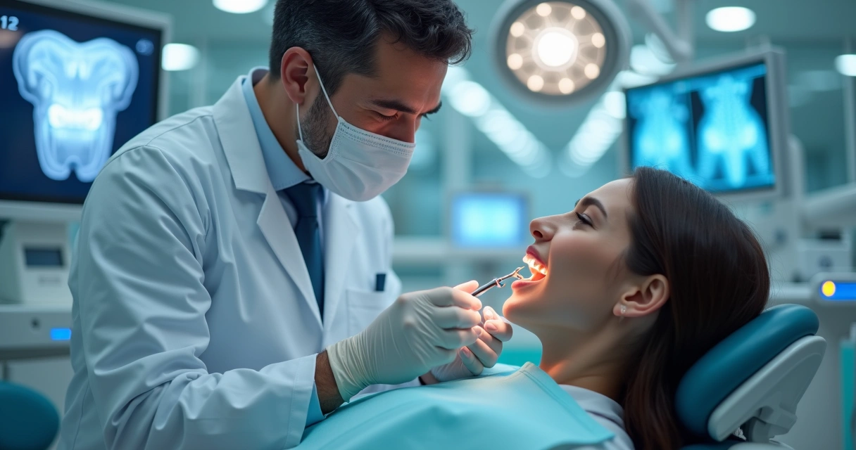 Dentista examinando implante dentário em paciente na clínica moderna 