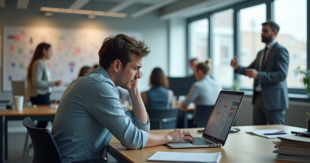 Profissional sentado em escritório moderno com expressão de desconforto e sobrecarga 