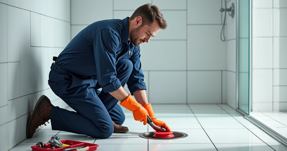 Técnico usando desentupidor em ralo de chuveiro no banheiro 