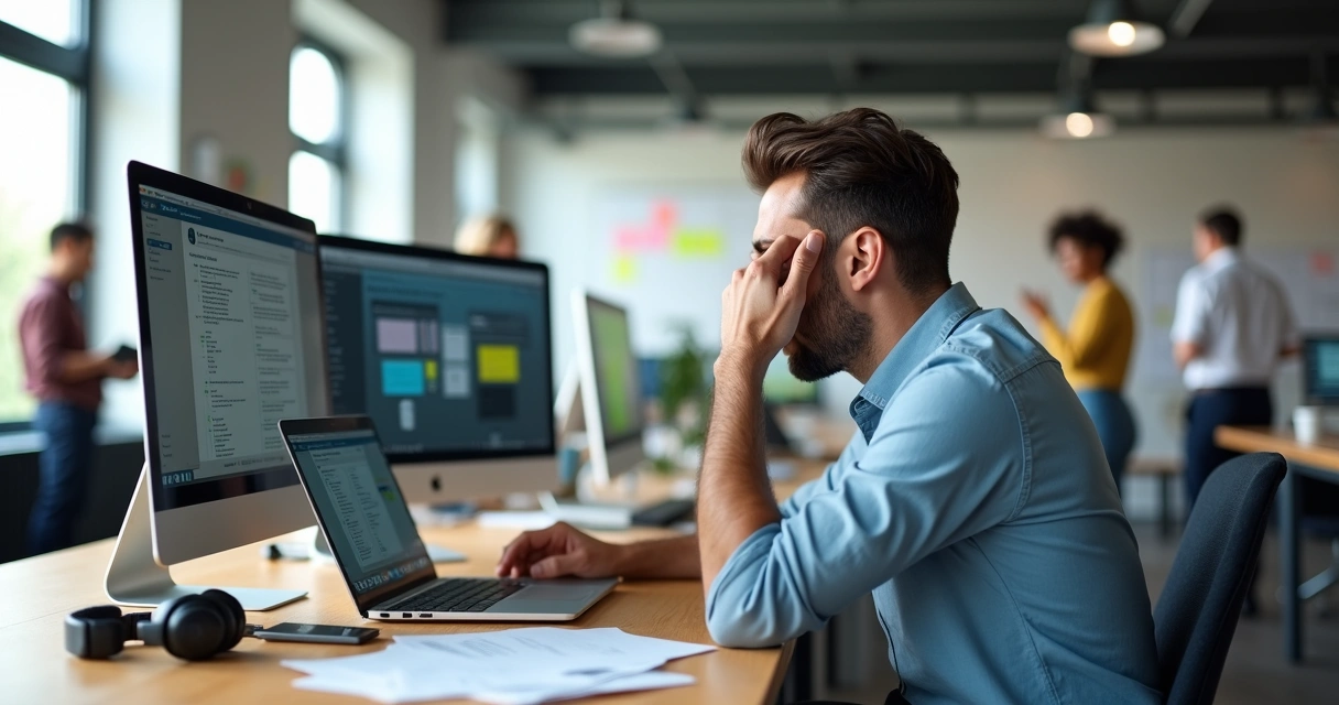 Profissional em escritório tentando focar no computador cercado por distrações 
