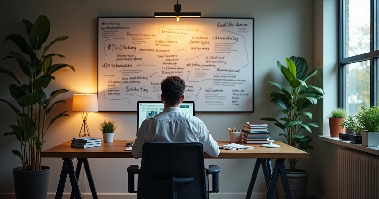 Profissional sentado à mesa, olhando para um quadro de visão com frases motivacionais. 