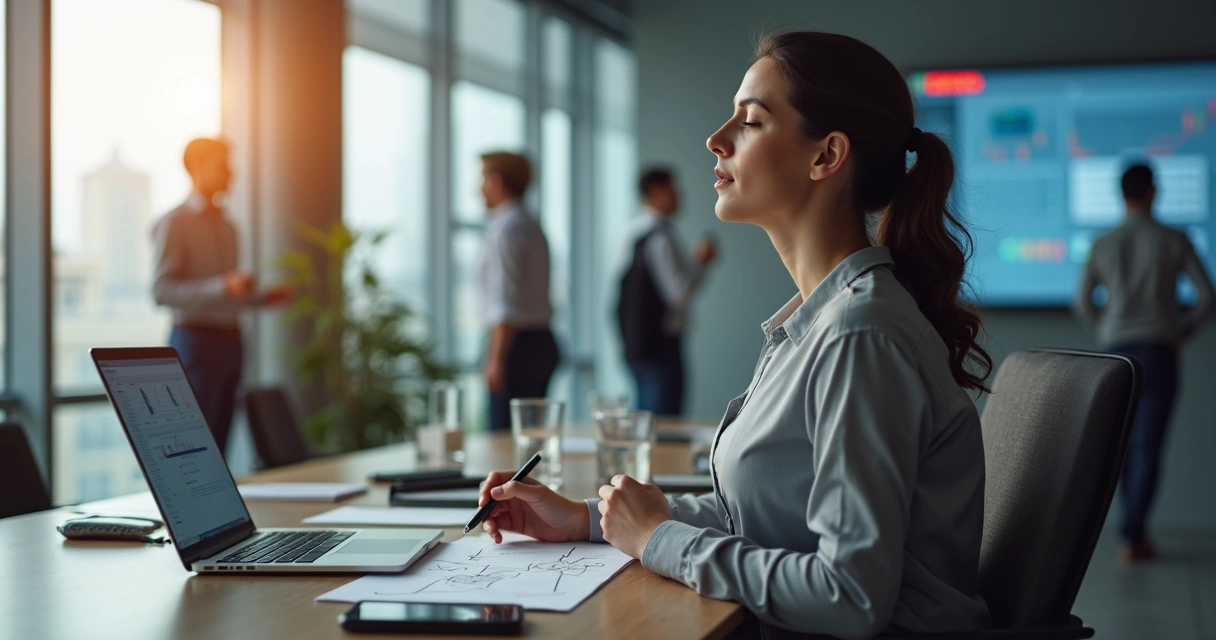 Profissional sentado em mesa de trabalho respirando fundo antes de tomar decisão sob estresse 