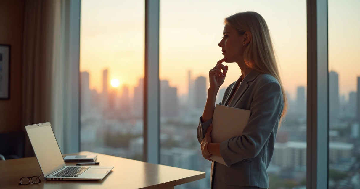 Pessoa adulta em um escritório olhando pela janela refletindo sobre mudança de carreira 