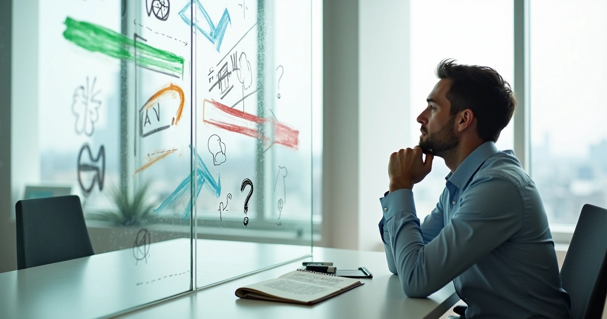 Profissional sentado refletindo diante de setas opostas simbolizando resistências internas à mudança 
