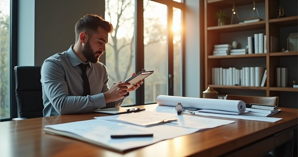 Engenheiro avaliando documentos técnicos com lupa e prancheta em mesa de escritório 