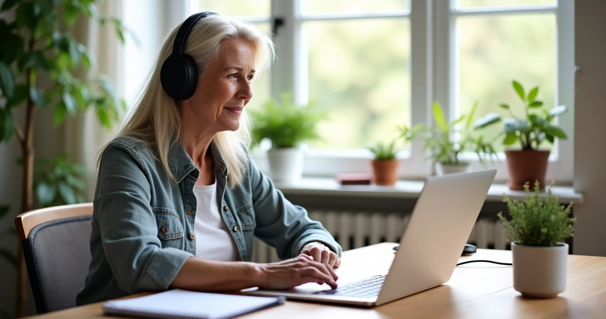Mulher madura ensinando em aula online no notebook