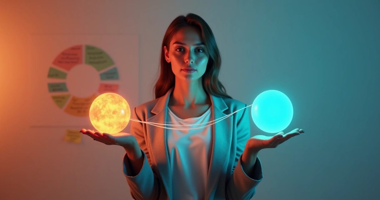 Profissional segurando dois orbes coloridos simbolizando conflitos emocionais em equilíbrio 