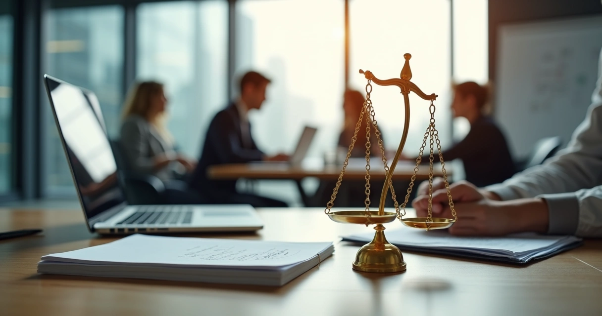 Profissional em escritório equilibrando ética e trabalho com balança e documentos 