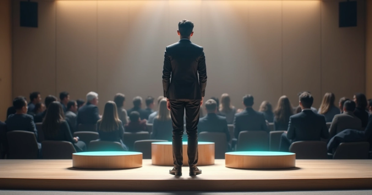 Profissional em palco contemplando três pódios interligados em equilíbrio 