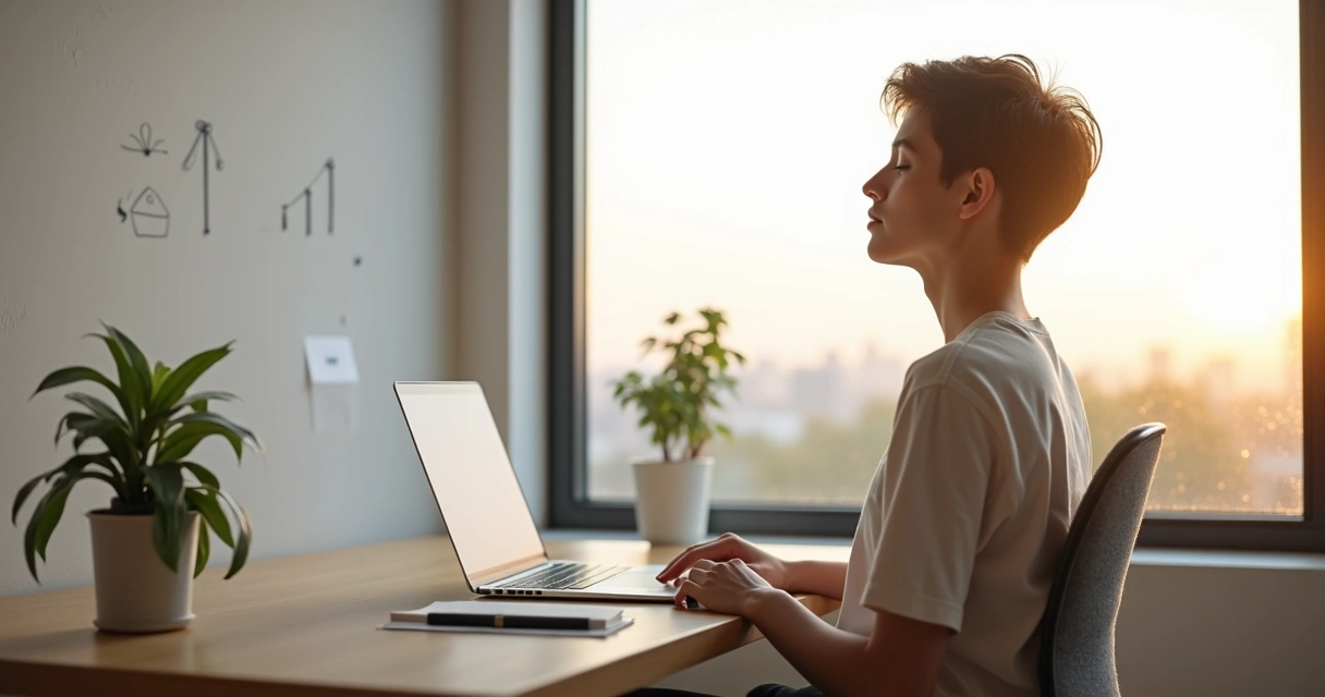 Profissional sentado em escritório iluminado respirando fundo em pausa consciente 