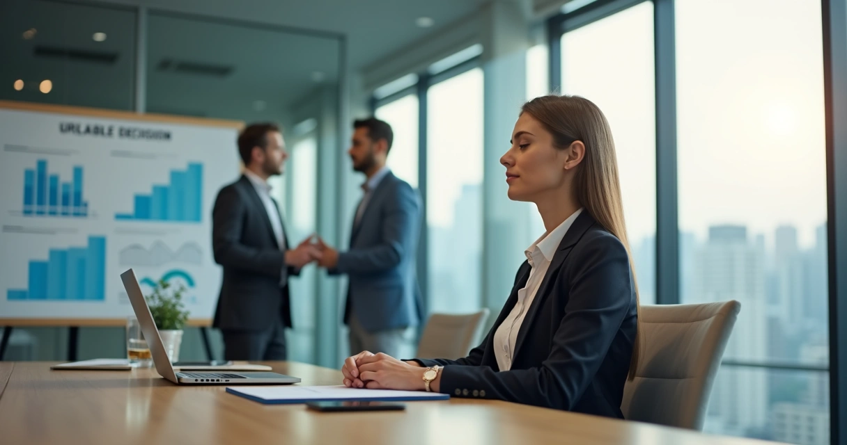 Pessoa em escritório refletindo com equilíbrio emocional antes de tomar decisão profissional 